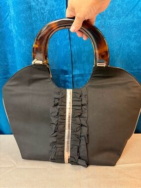 NWT Mud Pie Black Ruffle Tote Bag Purse Tortoiseshell Handles